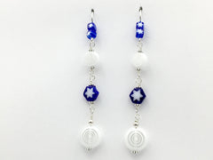 Sterling silver & Cobalt blue and white glass star and circle beads dangle earrings