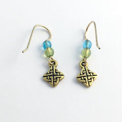 Gold tone Pewter & 14k gold filled earwire tiny Celtic knot earrings- aqua, green