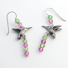 Pewter & Sterling silver hummingbird dangle earrings- green,hot pink glass, bird
