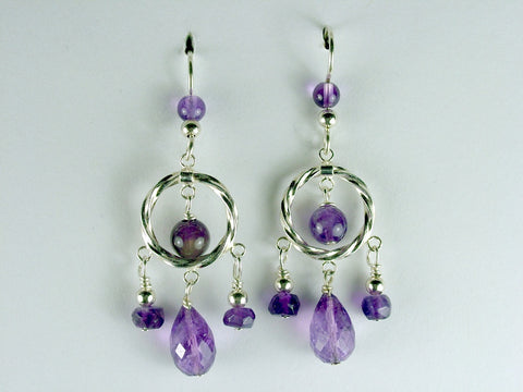 Sterling silver twisted circle, faceted Amethyst beads dangle earrings- February