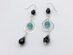 Sterling Silver open twist drop Earrings- Turquoise, Black crystal