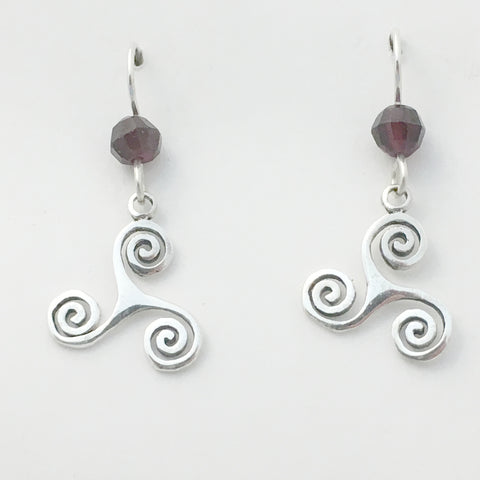 Sterling Silver triskelion Celtic dangle Earrings-triple spiral- faceted garnet
