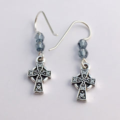 Pewter & Sterling silver small Celtic knot cross dangle earrings-denim blue crystal