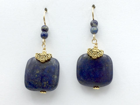 Goldtone Pewter spiral beadcap and 14k gold filled wire and Lapis Lazuli square bead dangle earrings- spirals