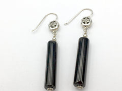 Pewter & Sterling Silver Oval Celtic Knot dangle Earrings-long black glass,knots