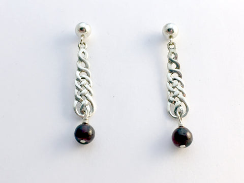 Sterling silver 5mm ball stud with Celtic knot braid dangle earrings- garnet