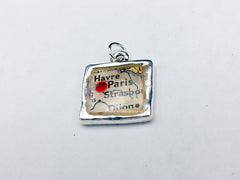 Pewter with vintage map print of Paris, France pendant-resin, travel, Havre,
