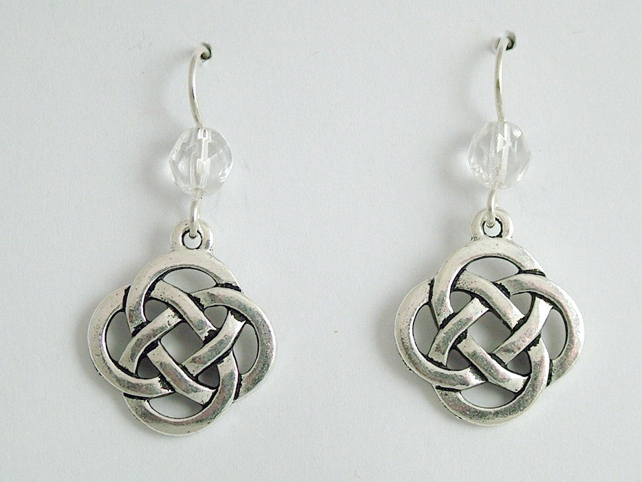 Pewter & Sterling Silver large Round Celtic Knot dangle Earrings- clear glass