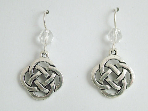 Pewter & Sterling Silver large Round Celtic Knot dangle Earrings- clear glass