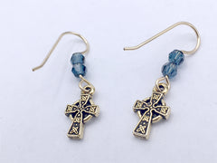 Gold tone Pewter & 14k gf small Celtic Cross dangle earrings- Denim blue crystal