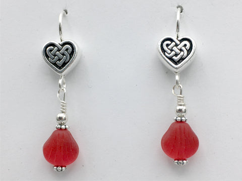 Pewter & sterling silver Celtic Knot Heart dangle earrings-red glass-Valentine
