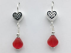 Pewter & sterling silver Celtic Knot Heart dangle earrings-red glass-Valentine