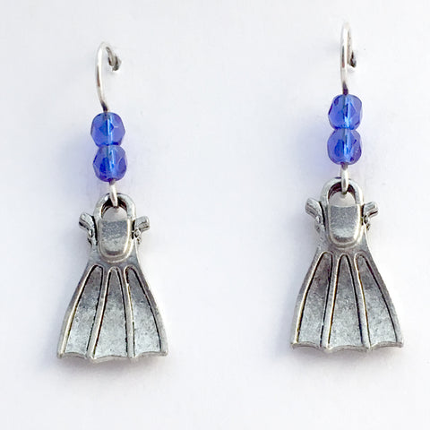 Pewter & Sterling silver Swim Fin dangle earring-Snorkel, Flippers,Scuba Dive