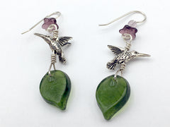 Pewter & Sterling silver hummingbird dangle earrings-purple flower and green glass leaves