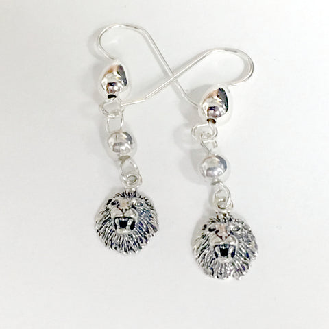 Sterling silver small roaring lion head dangle earrings-lions,,big cat