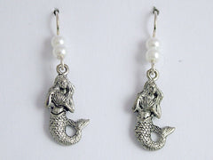 Pewter and sterling silver Mermaid  with shell dangle earrings-Mermaids, sirens