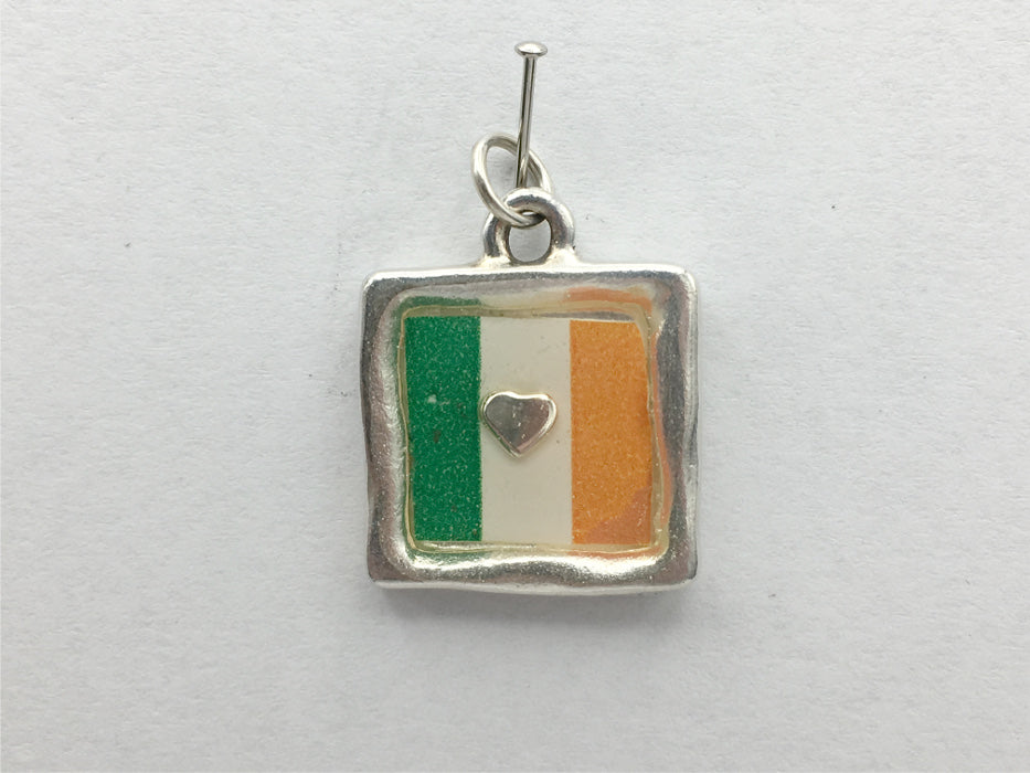 Pewter pendant with print of Irish Flag and tiny sterling silver heart -resin, Ireland