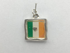 Pewter pendant with print of Irish Flag and tiny sterling silver heart -resin, Ireland