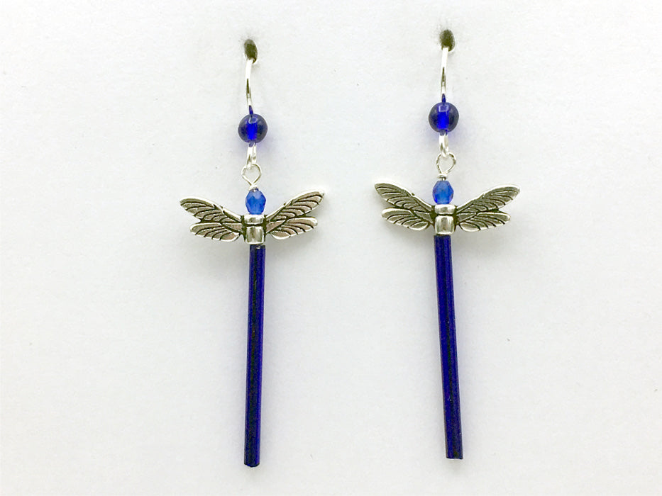 Pewter & Sterling silver long dragonfly dangle earrings-cobalt blue-dragonflies