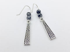 Pewter & Sterling Silver Celtic knot braid dangle earrings-snowflake obsidian
