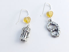Pewter & Sterling silver beer stein & pretzel dangle Earrings-soft pretzels,bier