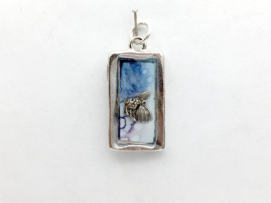 Pewter frame, sterling silver fancy goldfish pendant-resin,tropical fish, aquarium,sea