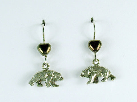 Sterling silver 3D brown bear dangle earrings- grizzly -ursa, bears, glass heart