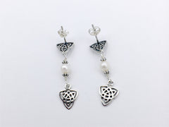 Sterling Silver double woven Celtic Trinity Knot stud with drop earrings- triquetra, knots, studs,freshwater pearls
