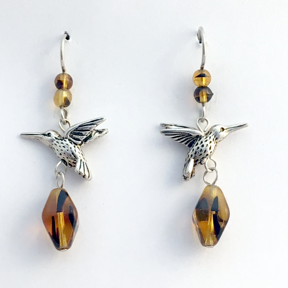 Pewter & Sterling silver hummingbird dangle earrings-brown & black stripe glass
