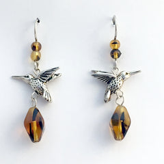 Pewter & Sterling silver hummingbird dangle earrings-brown & black stripe glass