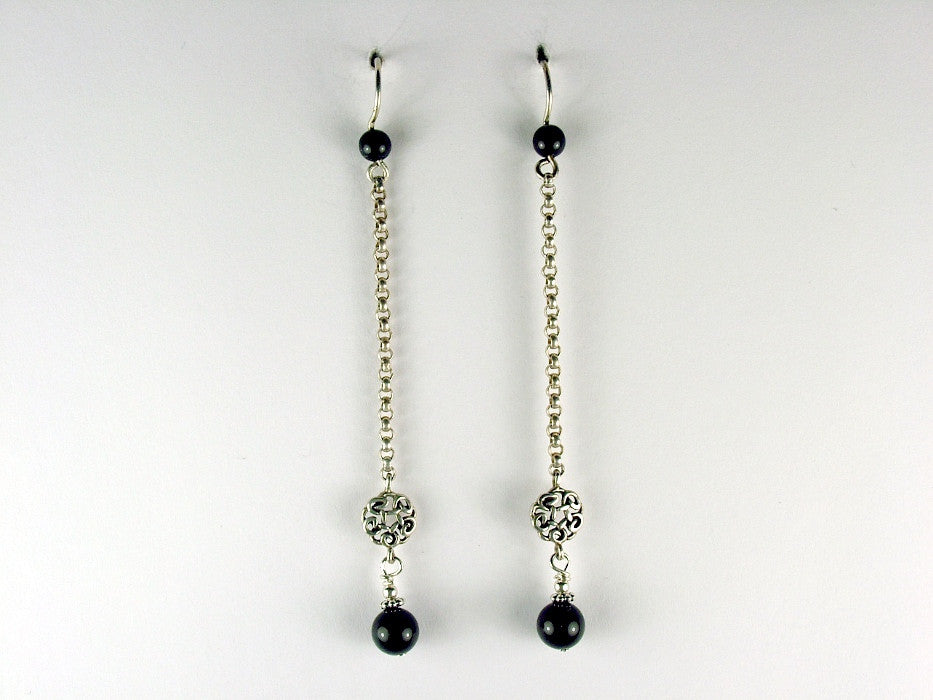 Sterling silver  small Celtic round knot with chain dangle earrings - black onyx