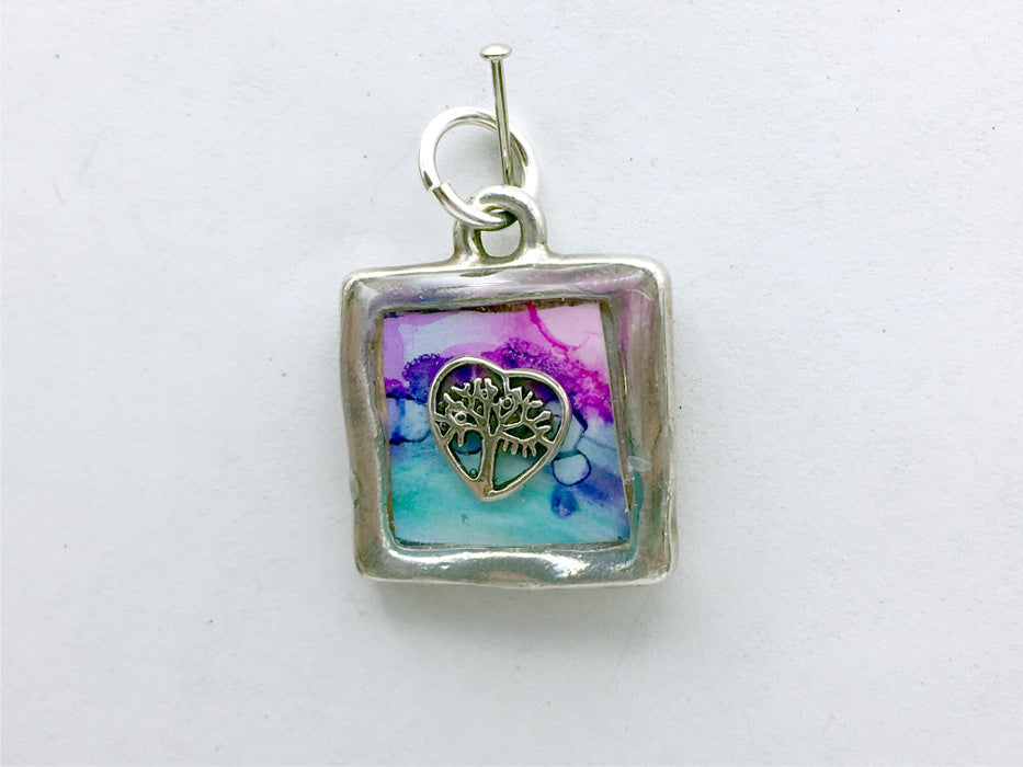Square Pewter tree & sterling silver tree in heart pendant-resin, trees, alcohol ink