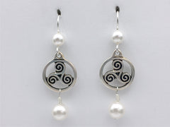 Pewter & Sterling Silver Triskelion circle Celtic dangle Earrings-glass "pearls"