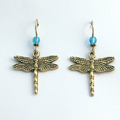 Gold tone Pewter large Dragonfly dangle earring-14kgf earwire-dragonflies-aqua