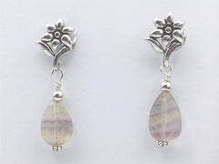 Sterling Silver Flower stud with Fluorite Leaf dangle earrings- flowers, garden