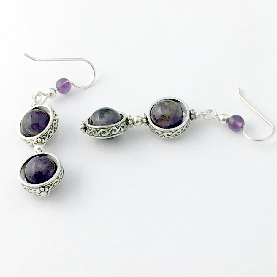 Sterling Silver and Amethyst bead wave band earrings- amethysts, February
