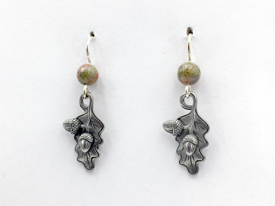 Pewter & Sterling Silver acorn & oak leaf dangle earrings-tree,unakite, leaves