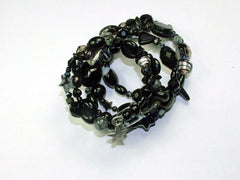 5 Strand Glass lampwork bead, crystal and gem bead Memory Wire Bracelet,  Blacks, Stars