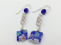 Sterling Silver Celtic Knot dangle earrings- Millefiori glass, cobalt blue, white, flowers