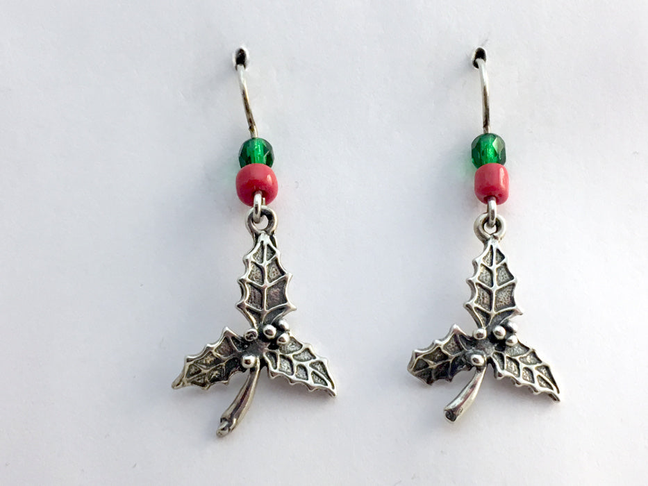 Sterling Silver Holly leaf dangle earrings-holiday,Christmas, leaves, berries