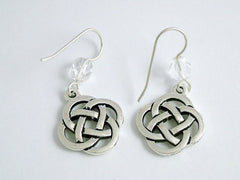 Pewter & Sterling Silver large Round Celtic Knot dangle Earrings- clear glass