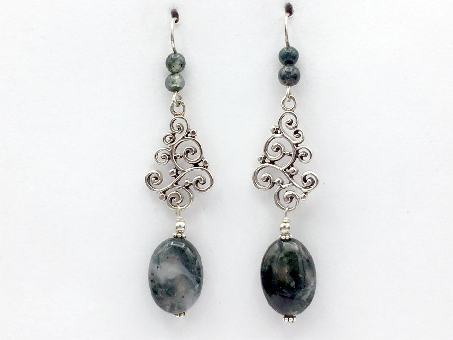 Sterling Silver Large Swirls and dots dangle earrings-Moss Agate, elegant, 2 7/8" long
