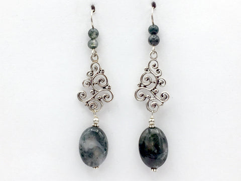 Sterling Silver Large Swirls and dots dangle earrings-Moss Agate, elegant, 2 7/8" long