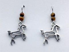 Sterling silver open spirited horse dangle earrings-horses,equine,tiger eye,