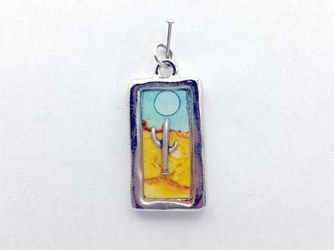Pewter frame pendant w/ sterling silver saguaro cactus- resin, desert, moon, alcohol ink #2