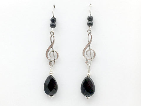 Sterling Silver large Treble Clef dangle earrings-black onyx, music, musician