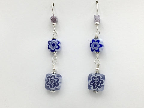Sterling silver & white, lavender, cobalt blue glass millefiori flower beads dangle earrings