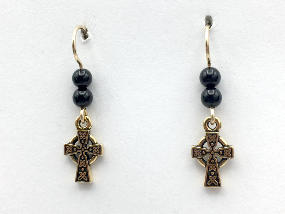 Gold tone Pewter & 14k gf small Celtic Cross dangle earrings-Religion,black onyx