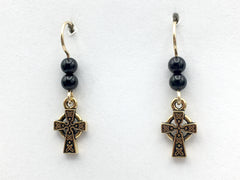 Gold tone Pewter & 14k gf small Celtic Cross dangle earrings-Religion,black onyx