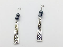 Pewter & Sterling Silver Celtic knot braid dangle earrings-snowflake obsidian
